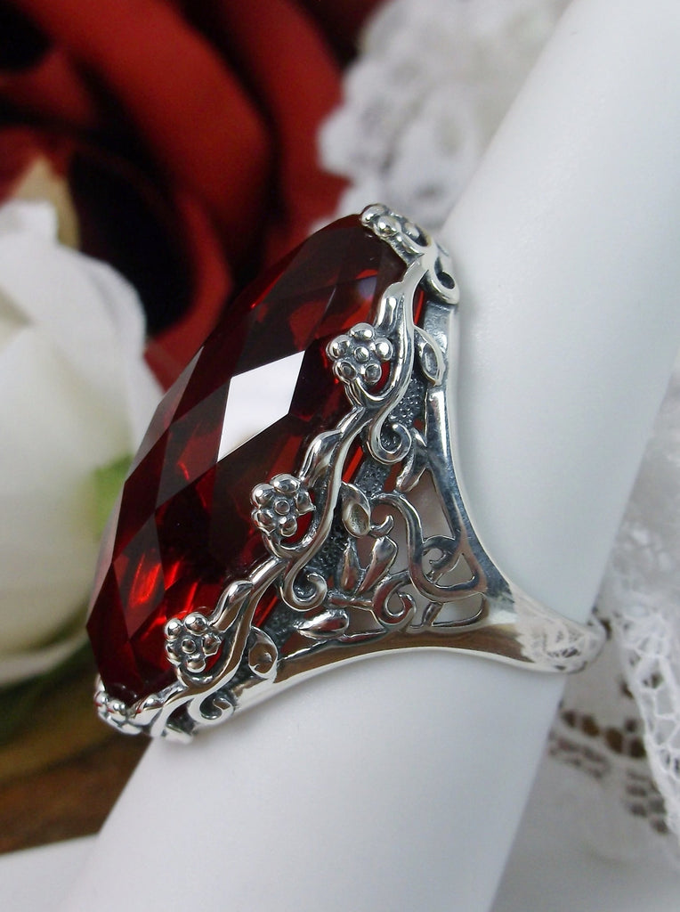 Red Ruby Ring, Oval Gemstone, Sterling Silver Filigree, Antique Vintage Jewelry, Silver Embrace Jewelry, Rosey Ring, D97