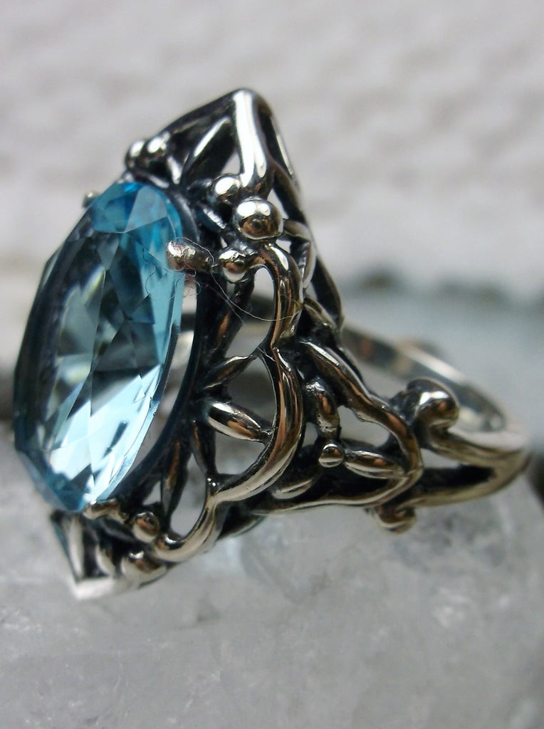 Sky Blue Aquamarine Ring, Oval Gemstone, Gothic style, vintage jewelry, sterling silver filigree, silver embrace jewelry, D98