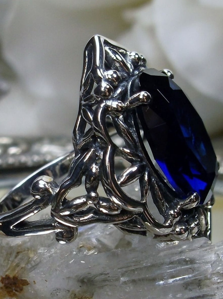 Deep Blue Sapphire Ring, Oval Gemstone, Gothic style, vintage jewelry, sterling silver filigree, silver embrace jewelry, D98