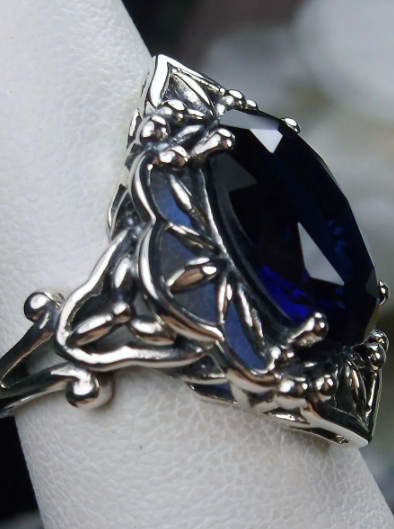 Deep Blue Sapphire Ring, Oval Gemstone, Gothic style, vintage jewelry, sterling silver filigree, silver embrace jewelry, D98