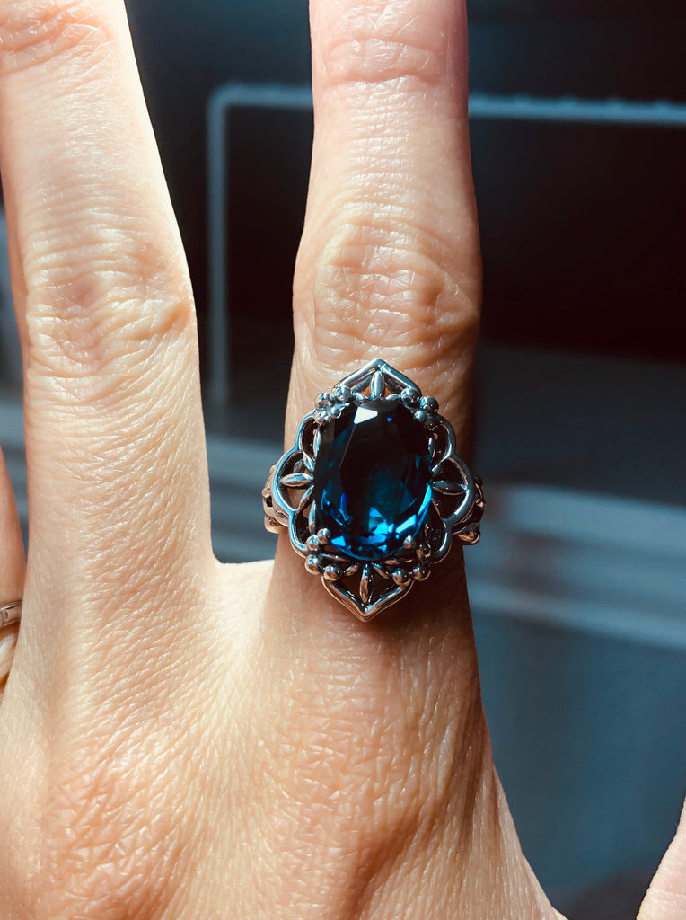 Deep London blue topaz Ring, Oval Gemstone, Gothic style, vintage jewelry, sterling silver filigree, silver embrace jewelry, D98