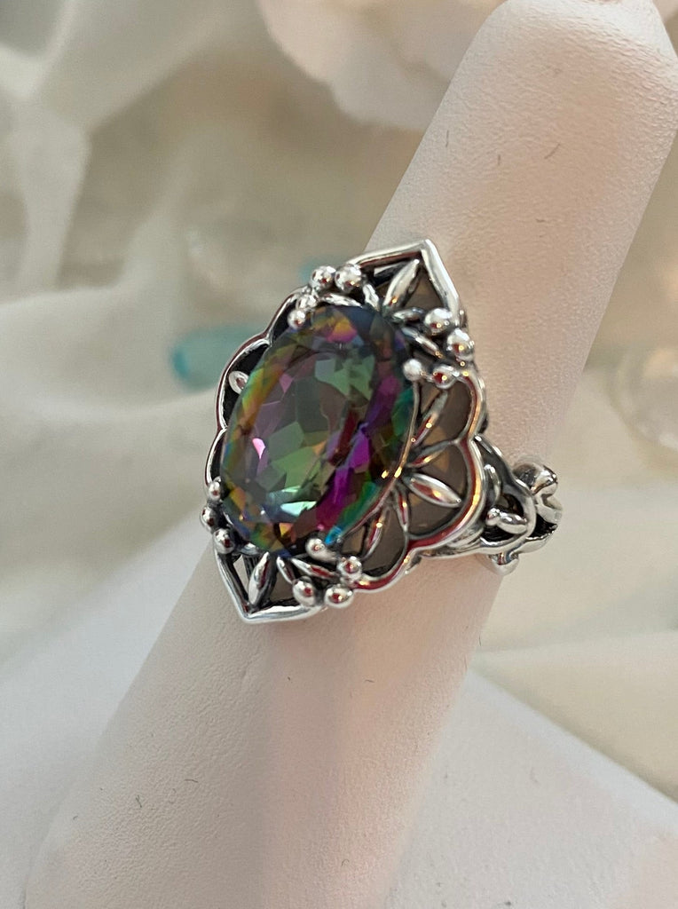 Natural Mystic Rainbow Topaz Ring, Oval Gemstone, Gothic style, vintage jewelry, sterling silver filigree, silver embrace jewelry, D98