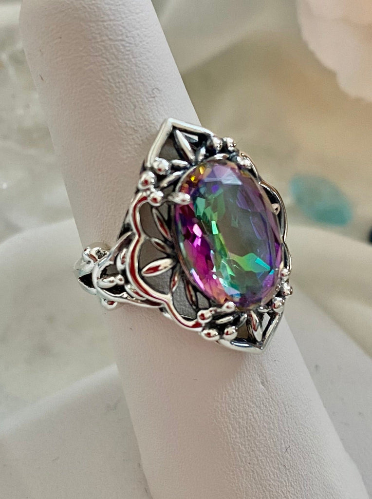 Rainbow Mystic Topaz Ring, Oval Gemstone, Gothic style, vintage jewelry, sterling silver filigree, silver embrace jewelry, D98