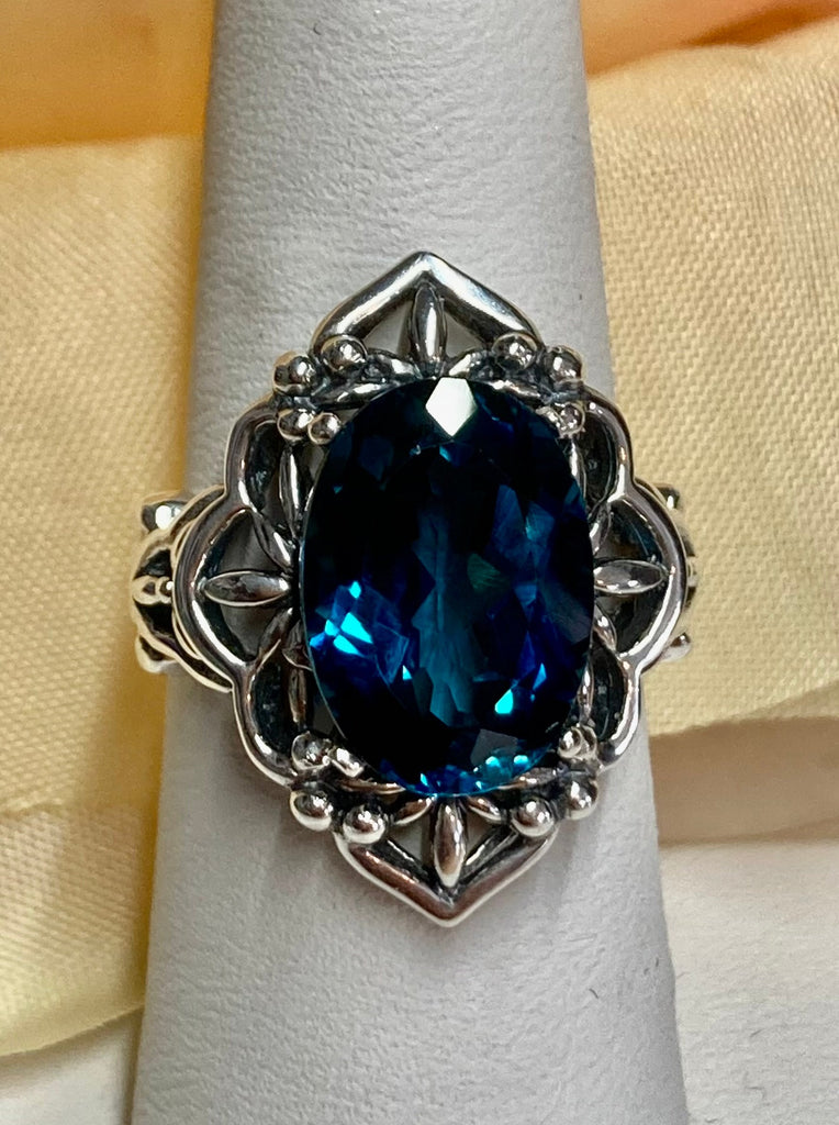 Natural London Blue Topaz Ring, Oval Gemstone, Gothic style, vintage jewelry, sterling silver filigree, silver embrace jewelry, D98