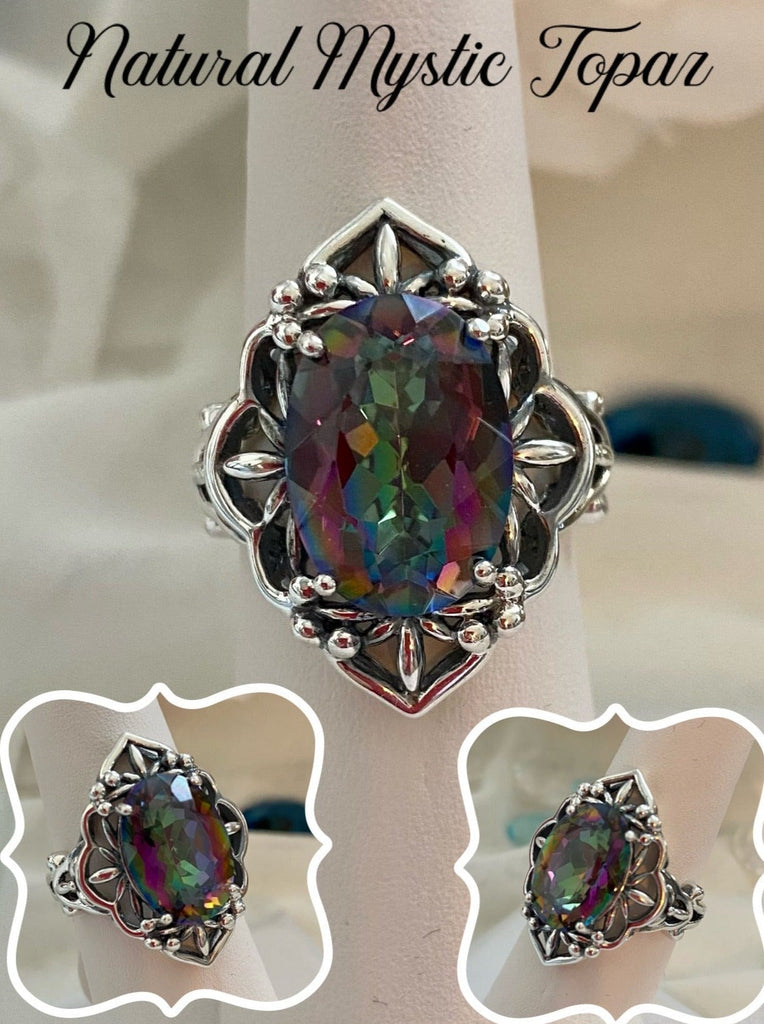 Natural Mystic Rainbow Topaz Ring, Oval Gemstone, Gothic style, vintage jewelry, sterling silver filigree, silver embrace jewelry, D98