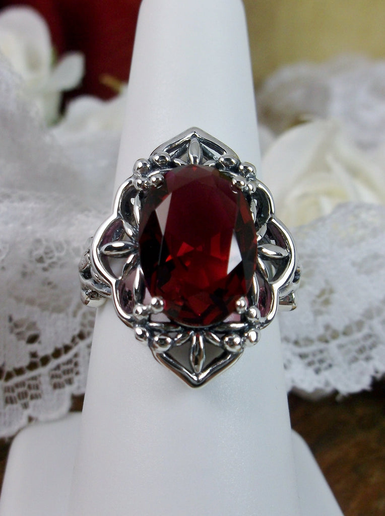 Natural Red Garnet Ring, Oval Gemstone, Gothic style, vintage jewelry, sterling silver filigree, silver embrace jewelry, D98