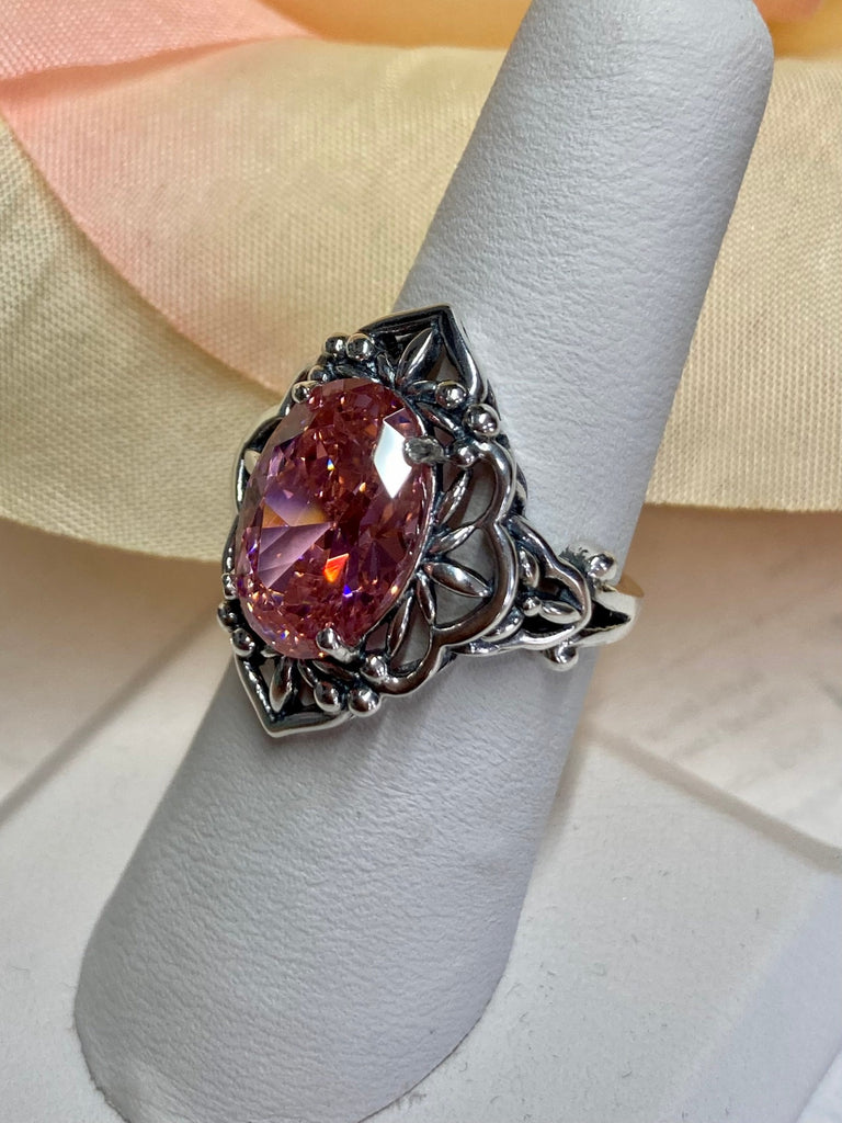 Pink Cubic Zirconia Ring, Oval Gemstone, Gothic style, vintage jewelry, sterling silver filigree, silver embrace jewelry, D98