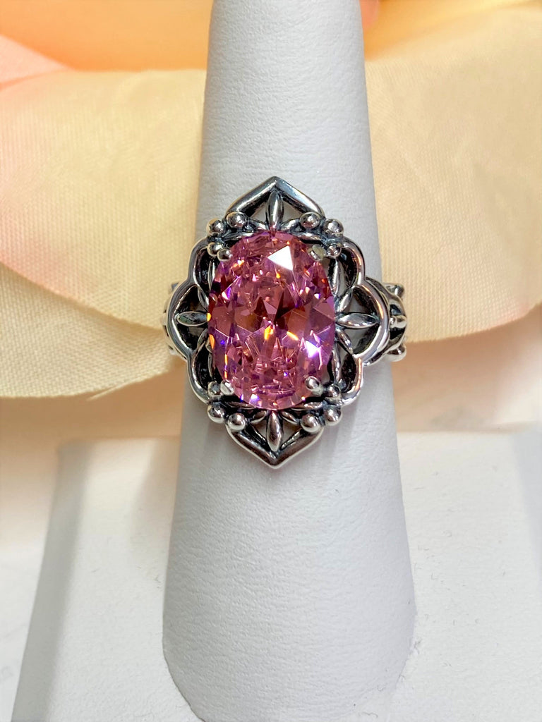 Pink Cubic Zirconia Ring, Oval Gemstone, Gothic style, vintage jewelry, sterling silver filigree, silver embrace jewelry, D98