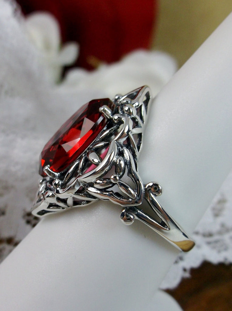 Red Garnet Cubic Zirconia Ring, Oval Gemstone, Gothic style, vintage jewelry, sterling silver filigree, silver embrace jewelry, D98