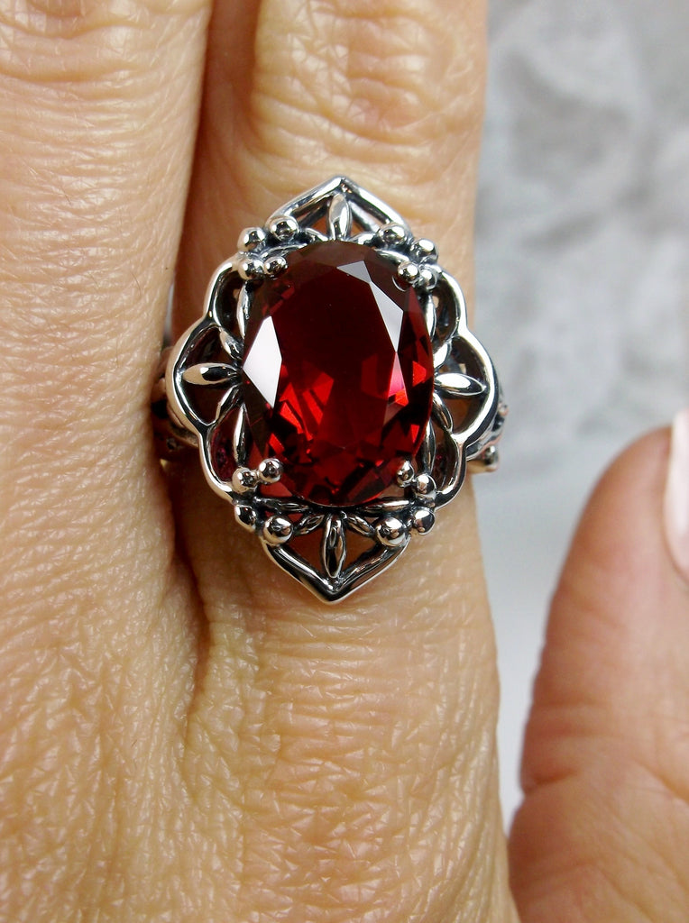 Red Garnet Cubic Zirconia Ring, Oval Gemstone, Gothic style, vintage jewelry, sterling silver filigree, silver embrace jewelry, D98