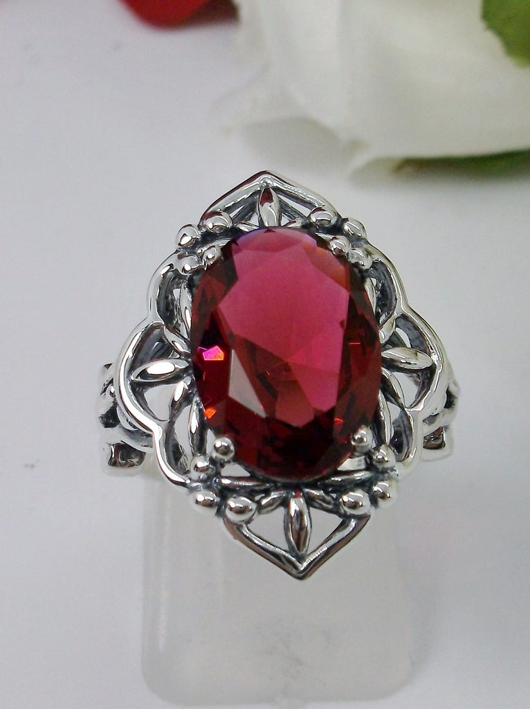 Red Ruby Ring, Oval Gemstone, Gothic style, vintage jewelry, sterling silver filigree, silver embrace jewelry, D98