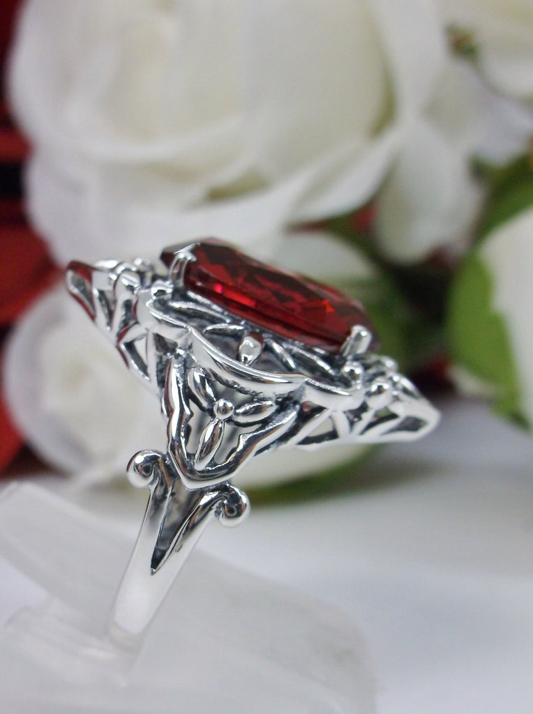 Red Ruby Ring, Oval Gemstone, Gothic style, vintage jewelry, sterling silver filigree, silver embrace jewelry, D98