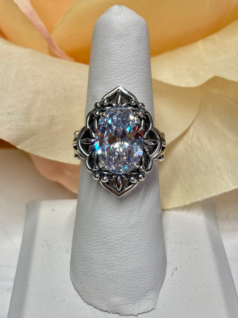 White Cubic Zirconia Ring, Oval Gemstone, Gothic style, vintage jewelry, sterling silver filigree, silver embrace jewelry, D98