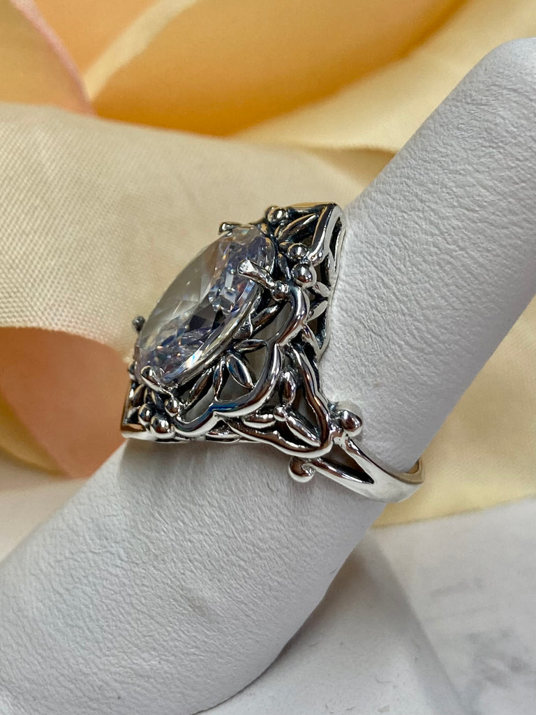White Cubic Zirconia Ring, Oval Gemstone, Gothic style, vintage jewelry, sterling silver filigree, silver embrace jewelry, D98