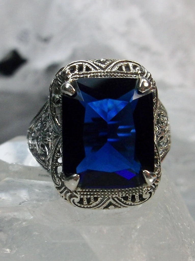 Blue Sapphire Ring, Autumn Design, Rectangle Gemstone, Vintage Victorian Jewelry, #D200