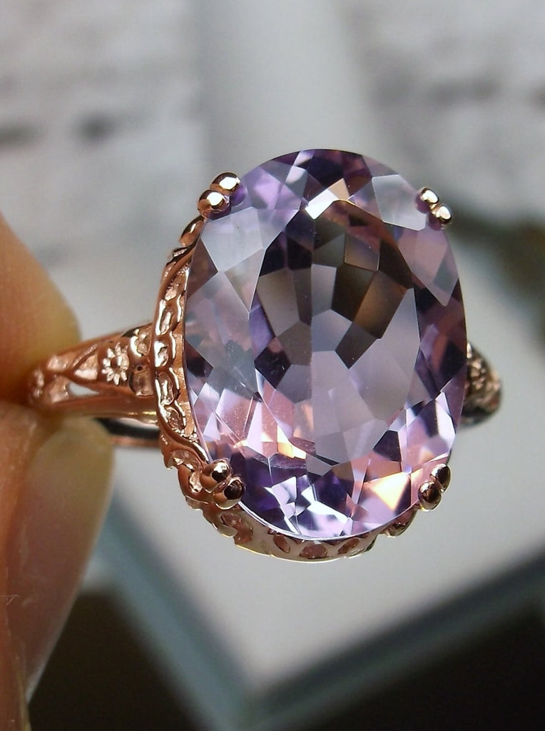 Front view of a Natural Purple Amethyst Rose Gold plated Sterling Silver Filigree Ring, Edward Design#70
