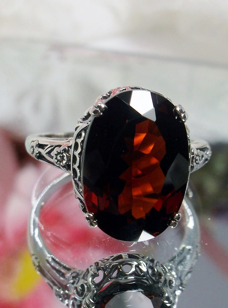 Natural Red Garnet Ring, Sterling Silver floral filigree, Edward Design #D70, front view Silver Embrace Jewelry