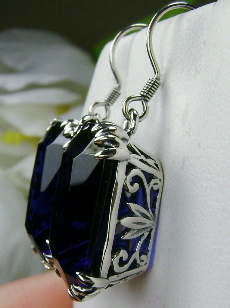 Blue Sapphire Earrings, Rectangle gem with sterling silver filigree, Art nouveau Jewelry