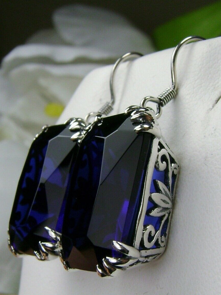 Blue Sapphire Earrings, Rectangle gem with sterling silver filigree, Art nouveau Jewelry