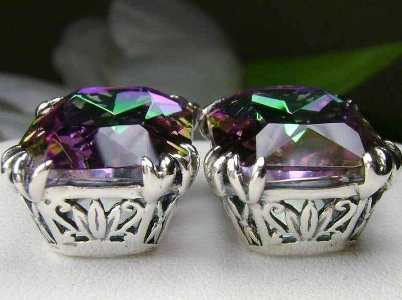 Mystic Topaz Earrings, Rectangle gem with sterling silver filigree, Art nouveau Jewelry
