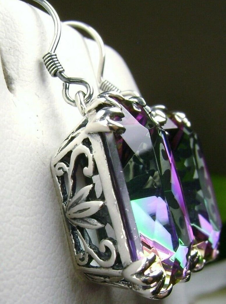 Mystic Topaz Earrings, Rectangle gem with sterling silver filigree, Art nouveau Jewelry