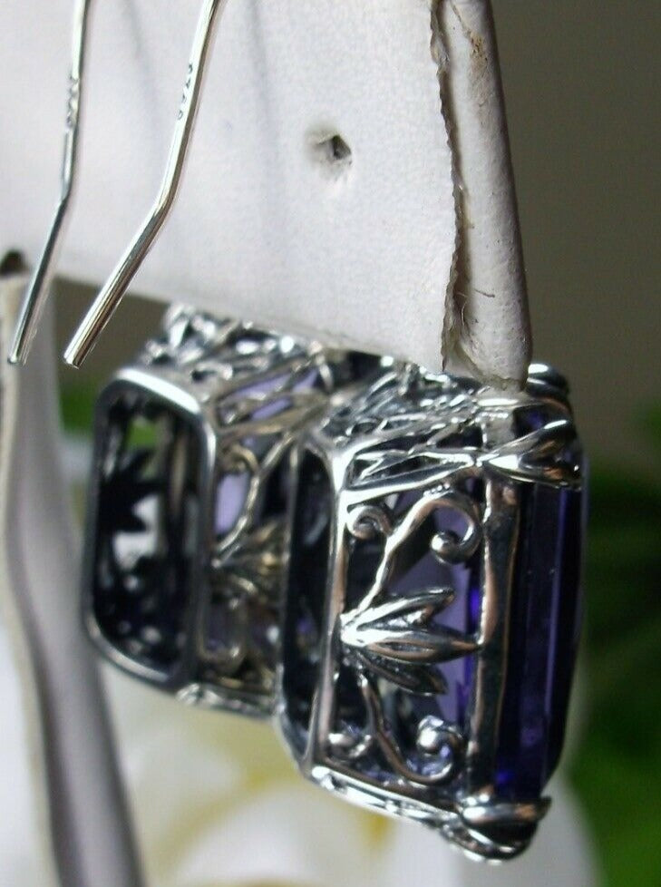 Purple Amethyst Earrings, Rectangle gem with sterling silver filigree, Art nouveau Jewelry