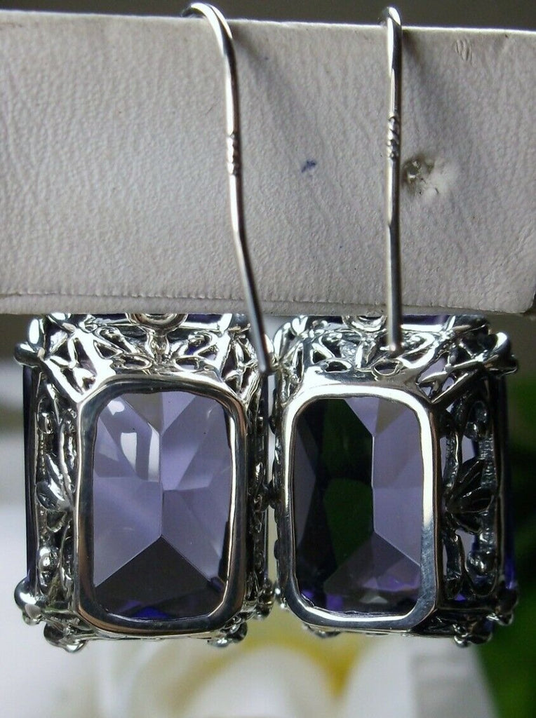 Purple Amethyst Earrings, Rectangle gem with sterling silver filigree, Art nouveau Jewelry