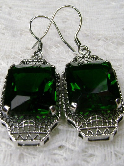 Green Emerald Earrings, Sterling Silver Filigree, Lantern style Art Deco Jewelry, Silver Embrace Jewelry, E13