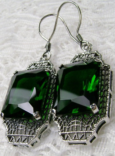 Green Emerald Earrings, Sterling Silver Filigree, Lantern style Art Deco Jewelry, Silver Embrace Jewelry, E13