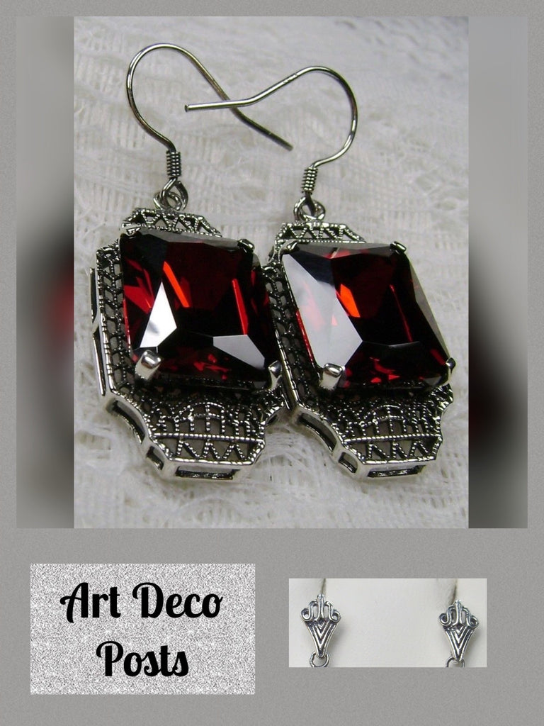 Red Garnet Cubic Zirconia (CZ) Earrings, Sterling Silver Filigree, Lantern style Art Deco Jewelry, Silver Embrace Jewelry, E13