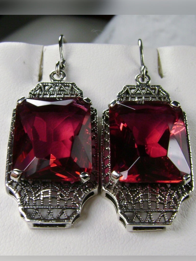 Red Ruby Earrings, Sterling Silver Filigree, Lantern style Art Deco Jewelry, Silver Embrace Jewelry, E13