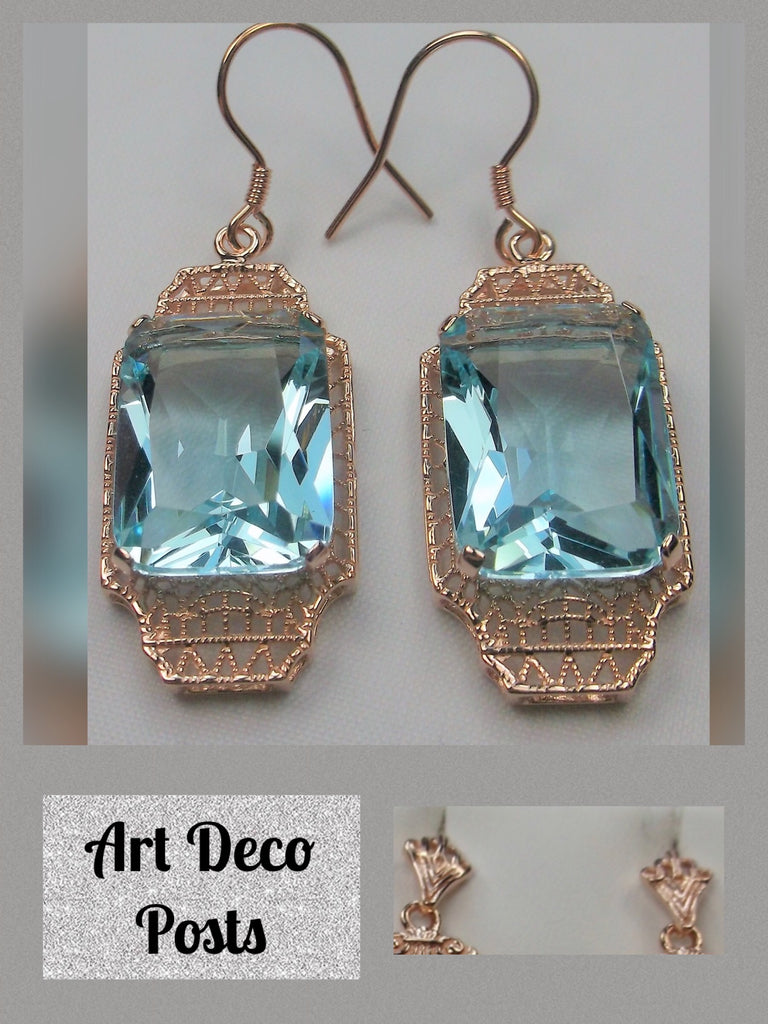 Blue Aquamarine Earrings, Rose Gold plated Sterling Silver Filigree, Lantern style Art Deco Jewelry, Silver Embrace Jewelry, E13