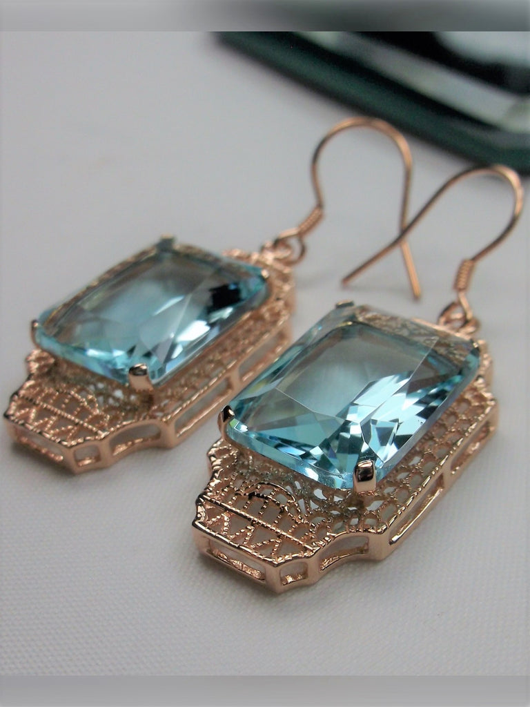 Blue Aquamarine Earrings, Rose Gold plated Sterling Silver Filigree, Lantern style Art Deco Jewelry, Silver Embrace Jewelry, E13