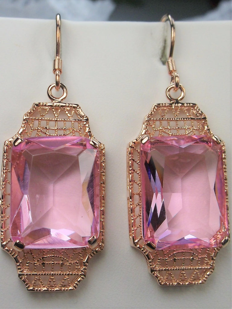 Pink Topaz Earrings, Rose Gold plated Sterling Silver Filigree, Lantern style Art Deco Jewelry, Silver Embrace Jewelry, E13