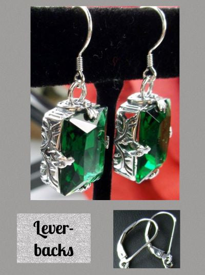 Green Emerald Earrings, Art Deco Sterling silver Filigree, Vintage Jewelry, Silver Embrace Jewelry, E15