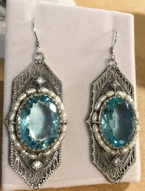 Art Deco Earrings, Blue Aquamarine gem with seed pearls, vintage sterling silver filigree, with CZ insets