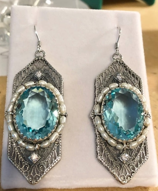 Art Deco Earrings, Blue Aquamarine gem with seed pearls, vintage sterling silver filigree, with CZ insets