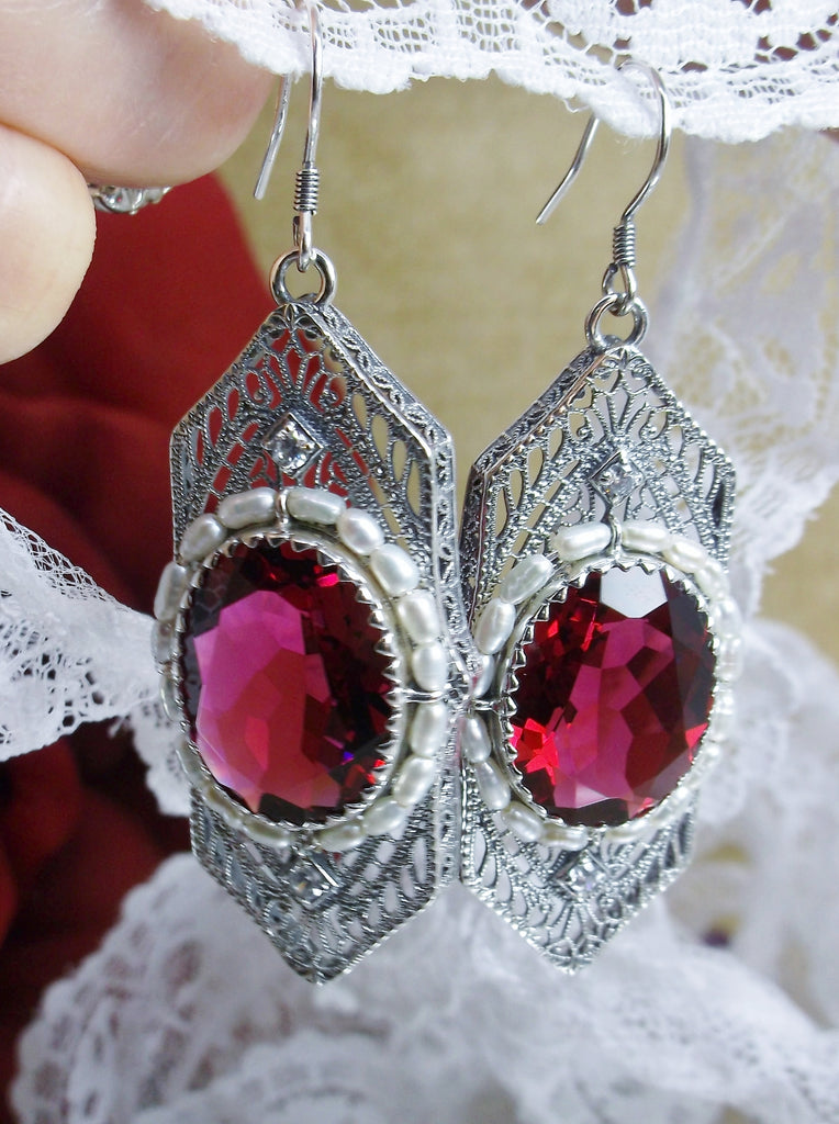 Art Deco Earrings, Ruby Red gem with seed pearls, vintage sterling silver filigree, with CZ insets, Silver Embrace Jewelry