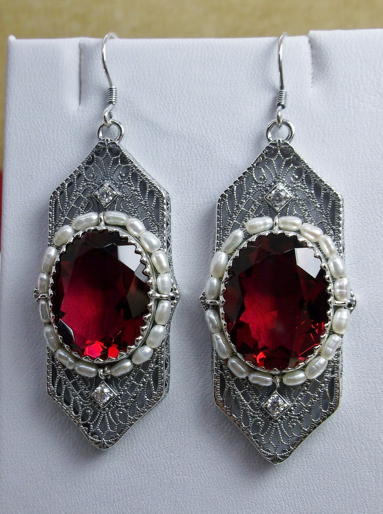 Art Deco Earrings, Ruby Red gem with seed pearls, vintage sterling silver filigree, with CZ insets, Silver Embrace Jewelry