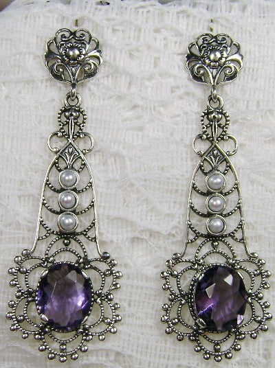 Purple Amethyst Earrings, Sterling Silver Lavalier Filigree, Pearl accent, Vintage Jewelry, Silver Embrace Jewelry, #E17