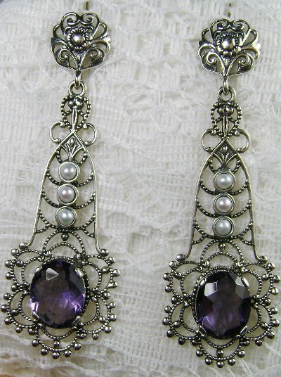 Purple Amethyst Earrings, Sterling Silver Lavalier Filigree, Pearl accent, Vintage Jewelry, Silver Embrace Jewelry, #E17