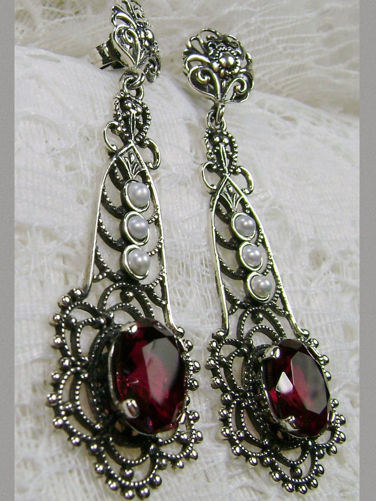 Red Ruby Earrings, Lavalier, Sterling Silver Filigree, Silver Embrace Jewelry, E17