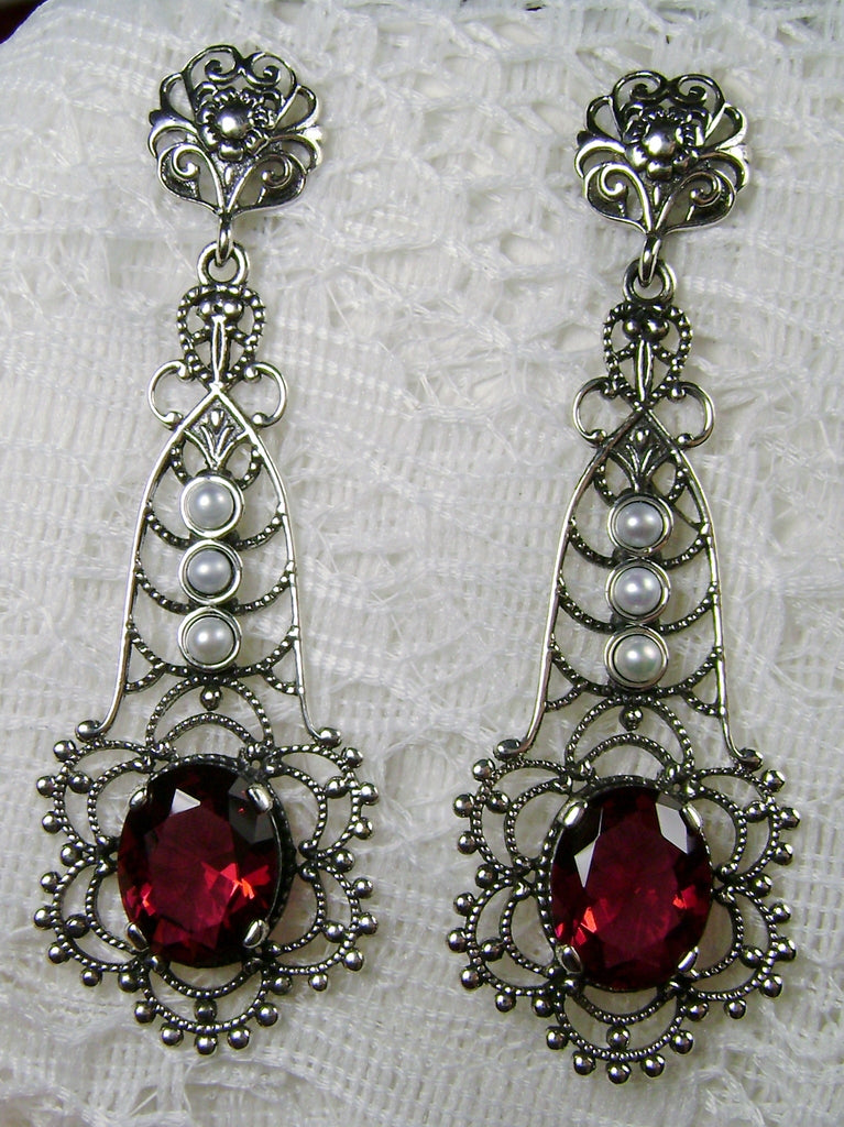 Red Ruby Earrings, Lavalier, Sterling Silver Filigree, Silver Embrace Jewelry, E17