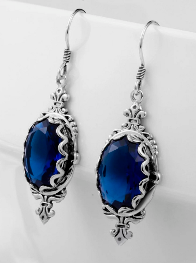 blue Sapphire Earrings, Sterling Silver Filigree, Victorian Jewelry, Silver Embrace Jewelry Pin Design P18