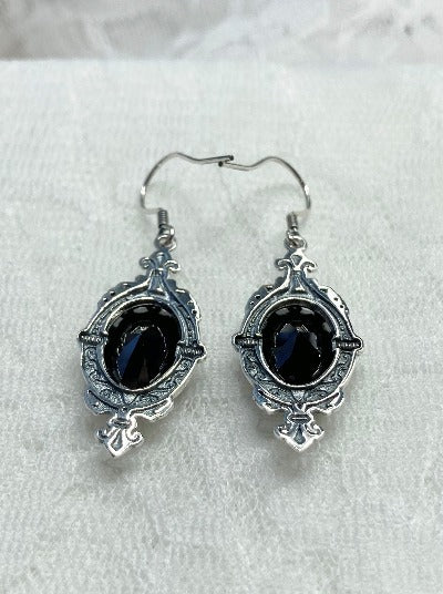 Black CZ Earrings, Sterling Silver Filigree, Victorian Jewelry, Pin Design P18