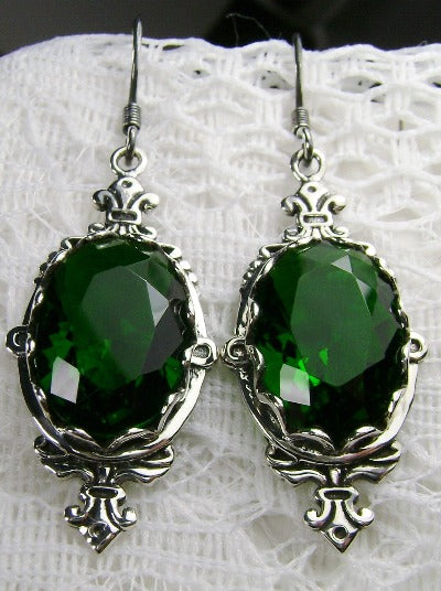 Green Emerald Earrings, Sterling Silver Filigree, Victorian Jewelry, Pin Design P18
