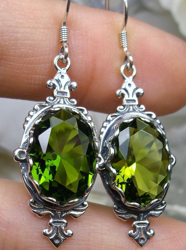 Green Peridot Earrings, Sterling Silver Filigree, Victorian Jewelry, Pin Design P18