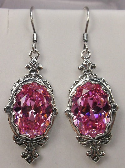 Pink CZ Earrings, Sterling Silver Filigree, Victorian Jewelry, Pin Design P18