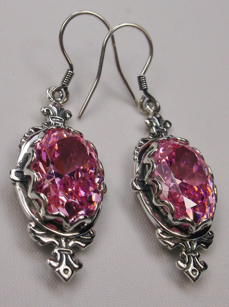 Pink Cubic Zirconia (CZ) Earrings, Sterling Silver Filigree, Victorian Jewelry, Pin Design P18