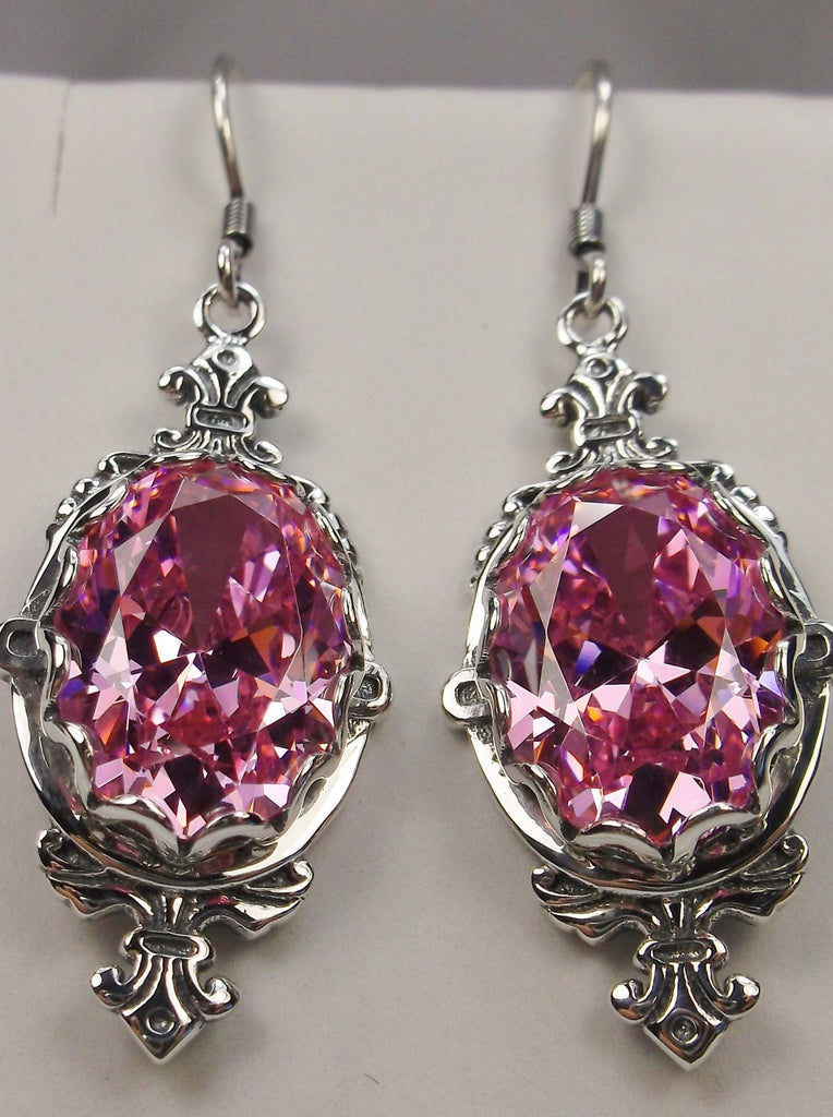 Pink Cubic Zirconia (CZ) Earrings, Sterling Silver Filigree, Victorian Jewelry, Pin Design P18
